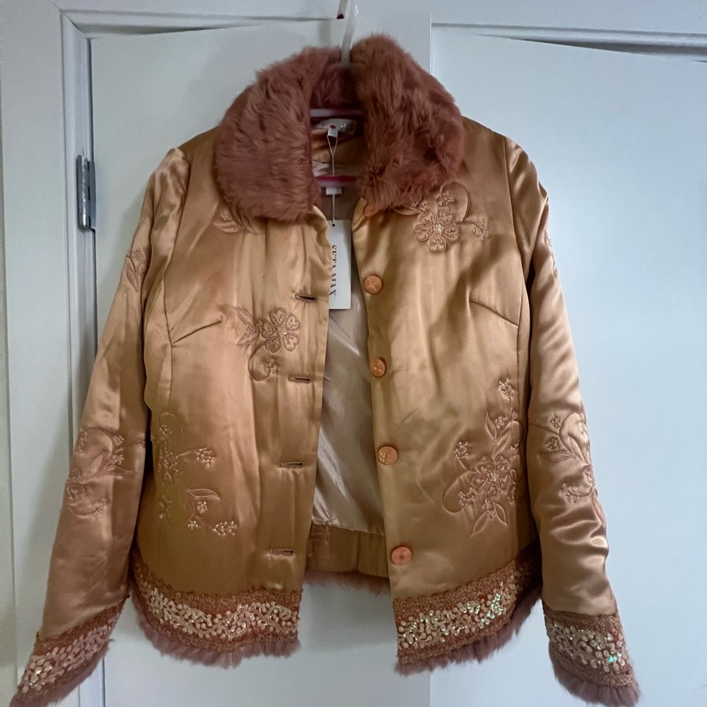 Silk embellished Jacket with Plush Fur Collar and Decorative Trim